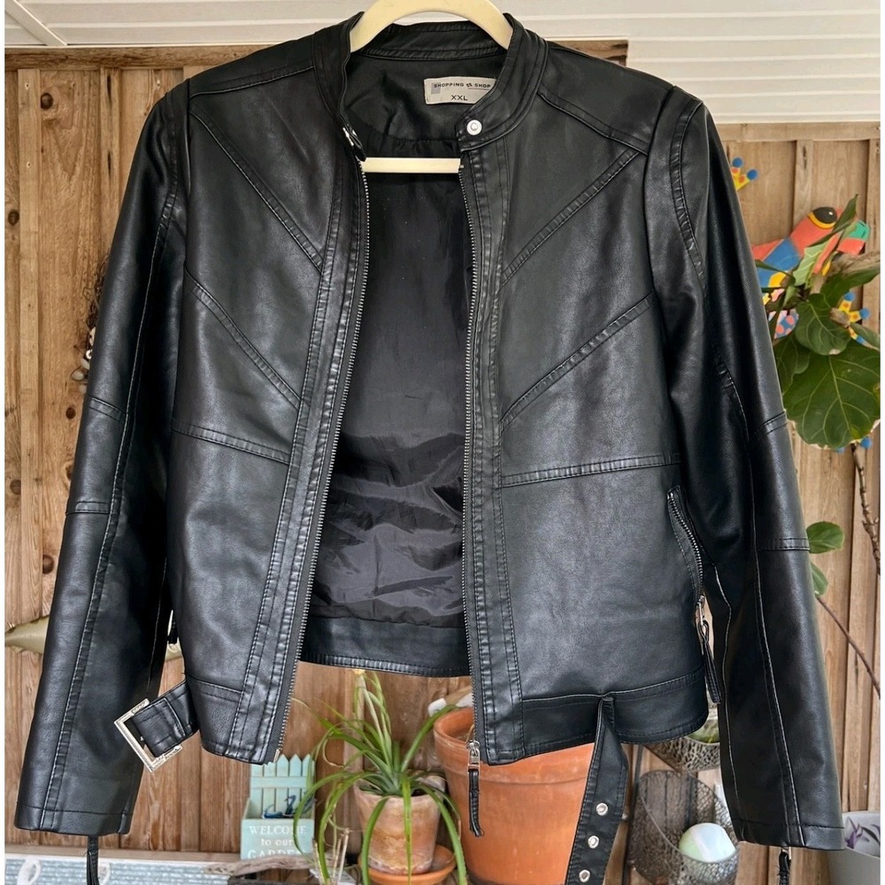Shopping Shop‎ Black Faux Leather Moto Jacket XXL WLEA327J0001 Belted Biker Coat